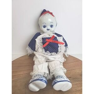 Vintage Delft‎ Blue Porcelain Doll Head Arms Shoe Hand Painted Bloomer Dress 12"